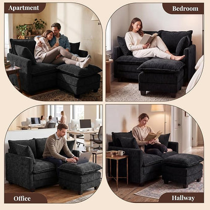 Loveseat Sofa with Ottoman, Cloud 3-Layer Cushion, 27" Deep Seat Love Seat Small Couch with 2 Pillows for Small Spaces, Bedroom, Apartment, Office, Living Room, in a Box, 50-Inch Black