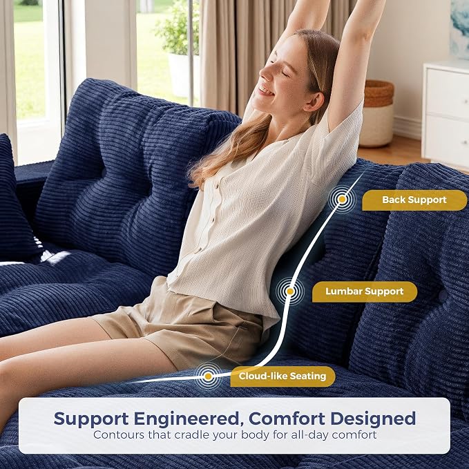 MAXYOYO 96" L Shaped Modular Sectional Sofa with Ottoman, Cloud Boneless Couch with Layered Cushion, Upholstered Flexible Module Combination Sofa for Living Room, No Assembly, Navy