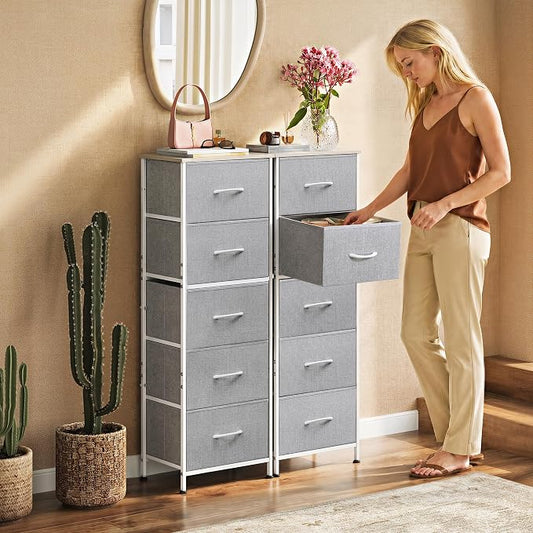 WLIVE Fabric Dresser, 5-Drawer Tall Dressers for Bedroom, Storage Dresser Organizer with Fabric Bins, Wood Top, Sturdy Steel Frame, Chest of Drawers for Closet, Hallway, Light Grey
