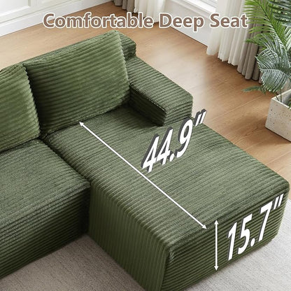 96" Cloud Sectional Couch U-Shaped Chaise with Ottoman, Corduroy Boneless Couch for Living Room Bedroom, Deep-Seat Upholstered Modular Cloud Sofa, No Assembly Required (Green, Right Facing Chaise)