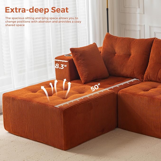 MAXYOYO Modular Sectional Sofa Couch, L Shaped Modern Cloud Couch with 1 Ottoman, Sofa in A Box, Tufted 4-Seat Boneless Chair for Living Room, No Assembly Required, Orange