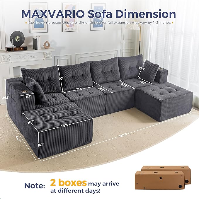 MAXYOYO 129.5" Modular Sectional Sofa Couch, U Shaped Modern Cloud Couch with 2 Ottomans, Sofa in A Box, Tufted 6-Seat Boneless Chair for Living Room, No Assembly Required, Grey