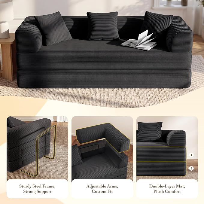 Living&Giving 89" Cloud Boneless Convertible Sofa Bed, 5-in-1 Foldable Compressed High-Density Sponge Sofa, Corduroy Fabric 3 Seater Sleeper Couch Futon Daybed for Living Room Bedroom (Black)