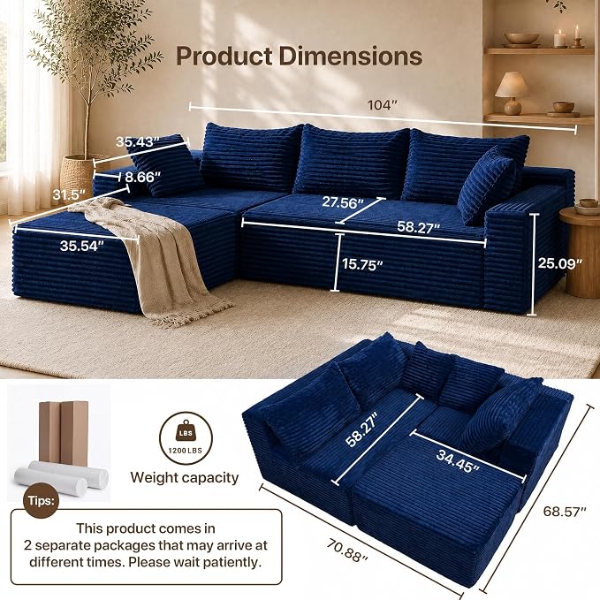 Claiks 104" Boneless Couch, Cloud Couch Sectional, L-Shape Corduroy Modular Sectional Sofa Deep Seat, Upholstered Couches for Living Room, No Assembly Required, Blue
