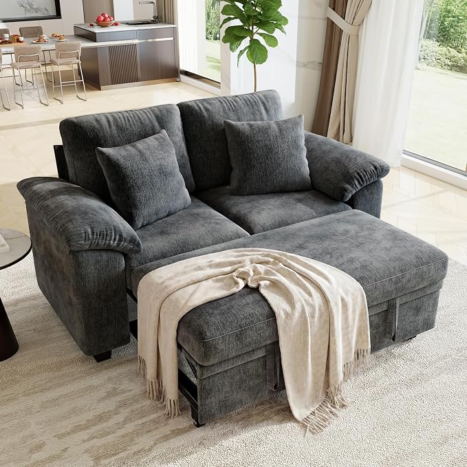 WorthFurni 61” Pull Out Couch, 2 in 1 Sleeper Sofa Bed with Throw Pillow, Convertible Small Loveseat Sleeper Couch for Living Room, Bedroom, Apartment (Gray)