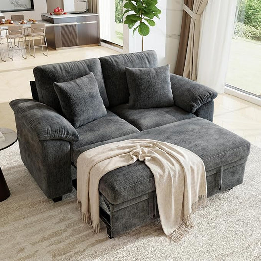 WorthFurni 61” Pull Out Couch, 2 in 1 Sleeper Sofa Bed with Throw Pillow, Convertible Small Loveseat Sleeper Couch for Living Room, Bedroom, Apartment (Gray)