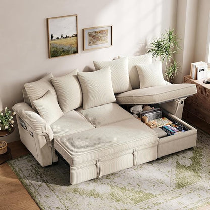 LINSY HOME 90.5'' Sectional Sleeper Sofa with Pull Out Couch Bed Modular (Beige, 90.5'') | USB Charging