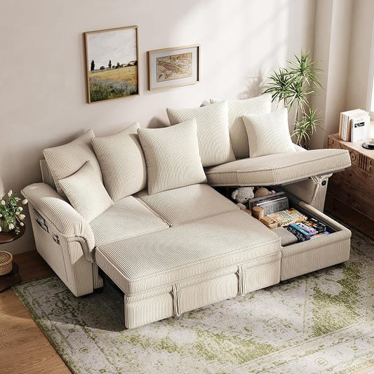 LINSY HOME 90.5'' Sectional Sleeper Sofa with Pull Out Couch Bed Modular (Beige, 90.5'') | USB Charging
