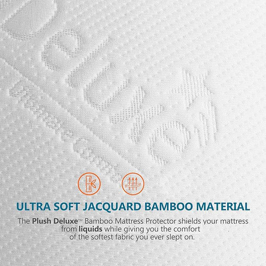 PlushDeluxe Premium Bamboo Mattress Protector – Full Size, Waterproof, & Ultra Soft Breathable Noiseless Washable Bed Mattress Cover for Comfort & Protection - White