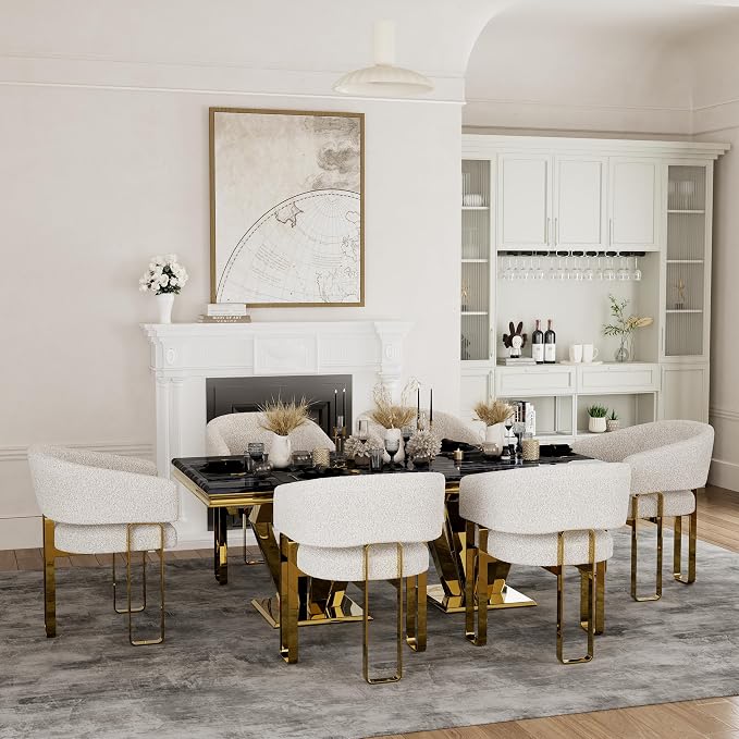 Boucle Dining Chairs Set of 7, White Barrel Dining Chairs with Arms and U-Shaped Mirrored Gold Legs, Modern Side Chairs for Dining Table, Kitchen and Dining Room Restaurant Recepition