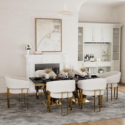 Boucle Dining Chairs Set of 7, White Barrel Dining Chairs with Arms and U-Shaped Mirrored Gold Legs, Modern Side Chairs for Dining Table, Kitchen and Dining Room Restaurant Recepition