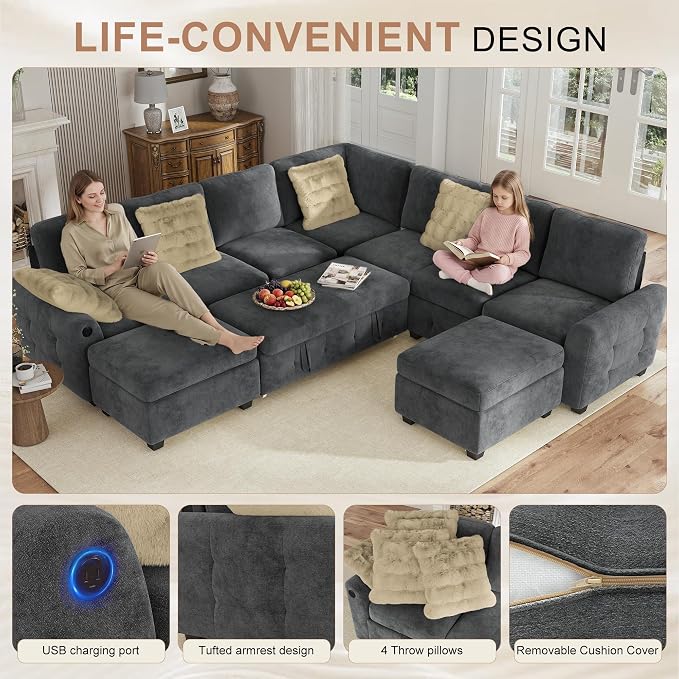 Hanherry 106" Sectional Sofa with Pull Out Couch Bed,7 Seat Chenille Sleeper Sofa with 2 Seat Storage & USB Charging,Storage Ottoman,Comfy Modular Couches for Living Room,Apartment