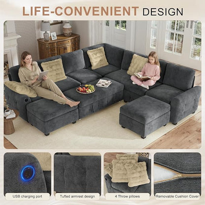 Hanherry 106" Sectional Sofa with Pull Out Couch Bed,7 Seat Chenille Sleeper Sofa with 2 Seat Storage & USB Charging,Storage Ottoman,Comfy Modular Couches for Living Room,Apartment