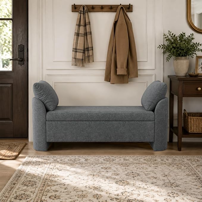 Usaint 58.3" Storage Ottoman Bench with Pillows, Upholstered End of Bed Bench with Arms, Footrest Stool Bench for Bedroom, Living, Window, Entryway and Hallway, Charcoal