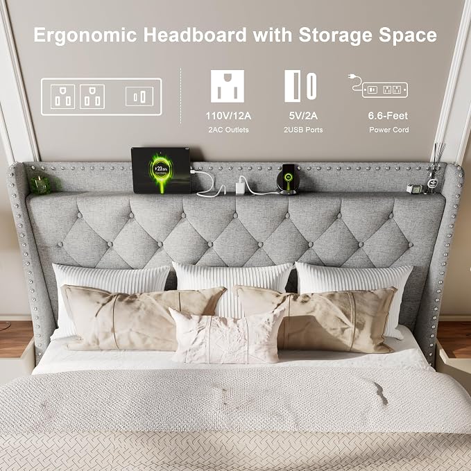 Feonase King Size Bed Frame with Luxury Wingback and Fast Charging Station, Upholstered Button Tufted Storage Headboard, King Platform Bed, Heavy Duty Wooden Slats Support, Easy Assembly, Light Gray