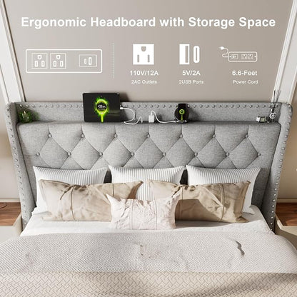 Feonase King Size Bed Frame with Luxury Wingback and Fast Charging Station, Upholstered Button Tufted Storage Headboard, King Platform Bed, Heavy Duty Wooden Slats Support, Easy Assembly, Light Gray