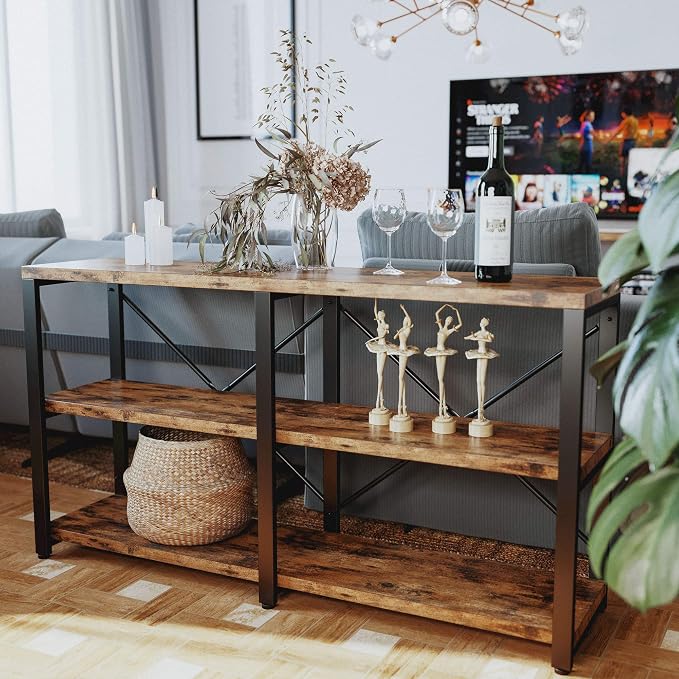 IRONCK Rustic Entryway Console Table, Long Hallway Table 55 in 3-Tier, TV Stand Entertainment Center Media Stand for Living Room, Industrial Style, Vintage Brown | Rustic