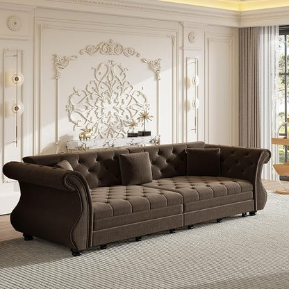 97.6" Oversized Pull Out Sofa Bed, Chesterfield Velvet Sleeper Sofa Couch with Roll Arm & Flower Tufting, Heavy Duty Metal Frame Convertible Sofa for Living Room, Apartment, Guest Room, Brown