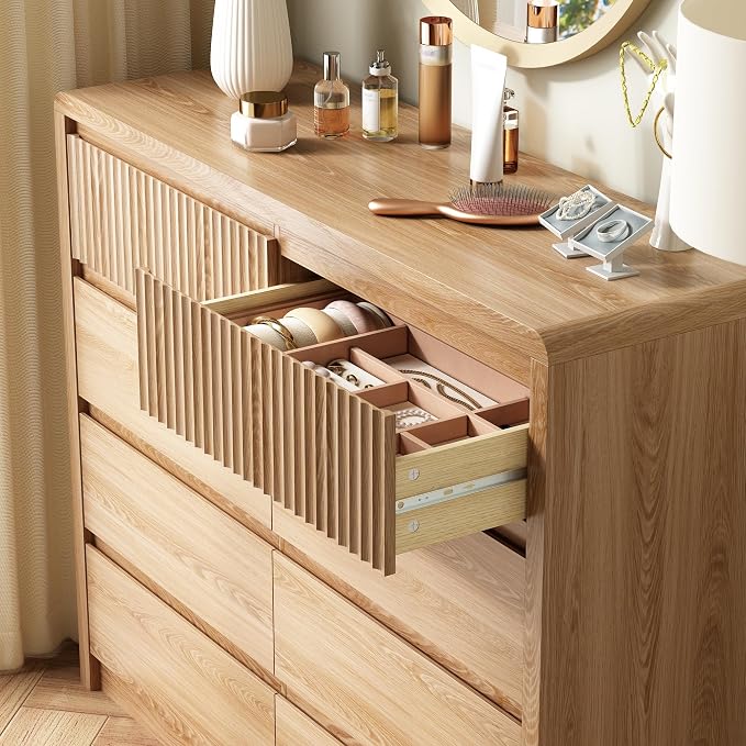 LYNSOM 8 Drawer Dresser for Bedroom, 50" Wide Fluted Dresser with Curved Corners, Wood Dressers & Chests of Drawers with Dual-Panel Design for Bedroom, Entryway, Oak