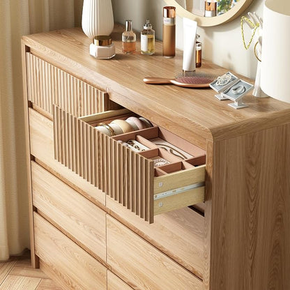 LYNSOM 8 Drawer Dresser for Bedroom, 50" Wide Fluted Dresser with Curved Corners, Wood Dressers & Chests of Drawers with Dual-Panel Design for Bedroom, Entryway, Oak