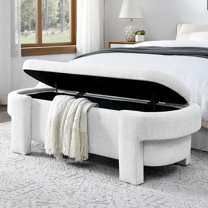 51.5" Oval Storage Bench End of Bed Storage Benches Linen Fabric Upholstered Ottoman Bench with Large Storage Space for Living Room Entryway Bedroom Hallway (Ivory White, 51.5 inch)