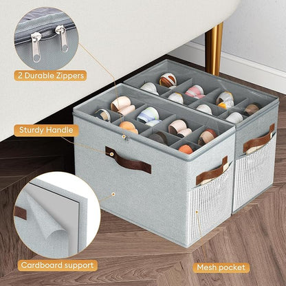 Budding Joy 2 Pack Shoe Organizer for Closet, Clear Foldable Shoe Storage Containers Adjustable Dividers Fits 16 Pairs,Shoe Storage Bins Baskets Boxes with Reinforced Handles Light Grey Greenish Grey | Farbic shoe storage organizer box bin with clear c...