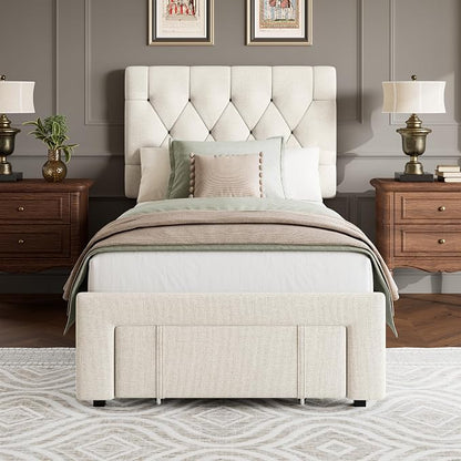 GarveeHome Twin Size Bed Frame, Upholstered Platform Bed Frame with Storage Drawers, Mattress Foundation with Solid Wooden Slats Support, No Box Spring Needed, Beige