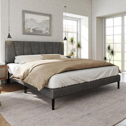 HAOARA King Size Bed Frame with Fabric Upholstered Headboard, Platform Bed with Wooden Slats Support, Fully Mattress Foundation, Box Spring Optional, Easy Assembly