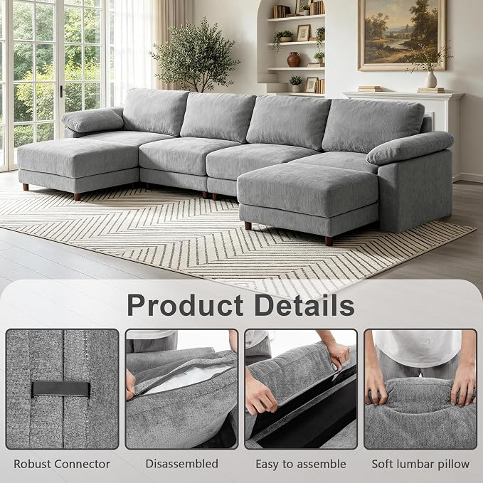 Oversized L Shaped Sectional Couch for Living Room, Extra Large Deep Seat Modular Sectional Sofa with Washable Covers, Modern Cloud Couch for Apartment, Bedroom (Light Gray, U Shape 6 Seat)