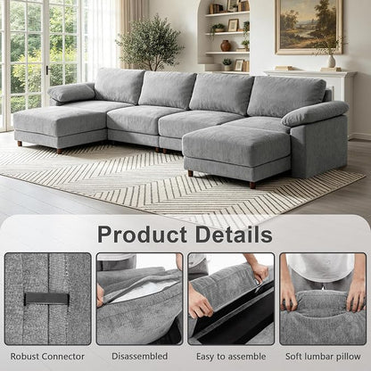 Oversized L Shaped Sectional Couch for Living Room, Extra Large Deep Seat Modular Sectional Sofa with Washable Covers, Modern Cloud Couch for Apartment, Bedroom (Light Gray, U Shape 6 Seat)