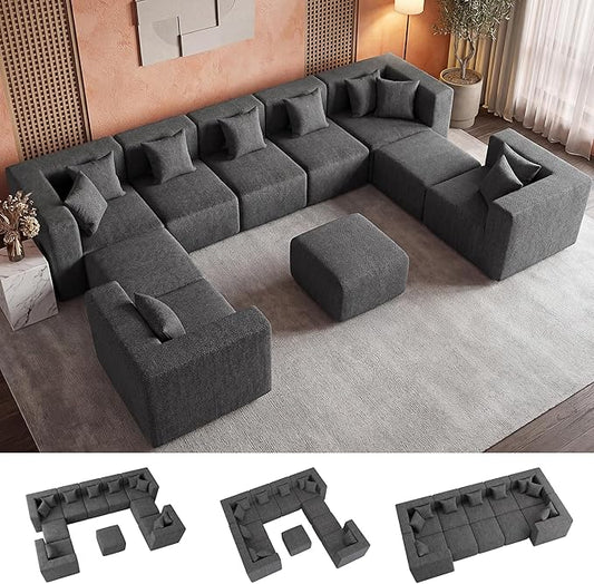 MONVANE Modular Sectional Sofa, Oversized 10 Seat Convertible U Shaped Couch with Ottoman, Comfy Chenille Cloud Couch with Deep Seat, Sectional Couches for Living Room, No Assembly Required, Grey