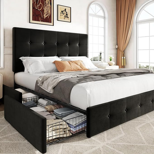 Allewie Upholstered Full Size Platform Bed Frame with 4 Storage Drawers and Adjustable Headboard, Square Button Tufted, Wooden Slats Support, Noise-Free, No Box Spring Needed, Easy Assembly, Black