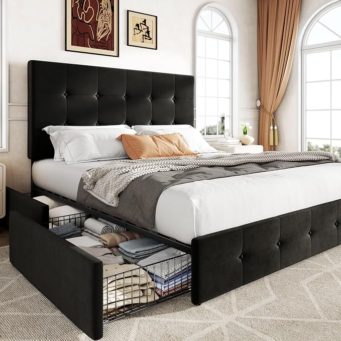 Allewie Upholstered Queen Size Platform Bed Frame with 4 Storage Drawers and Adjustable Headboard, Square Button Tufted, Wooden Slats Support, Noise-Free, No Box Spring Needed, Easy Assembly, Black