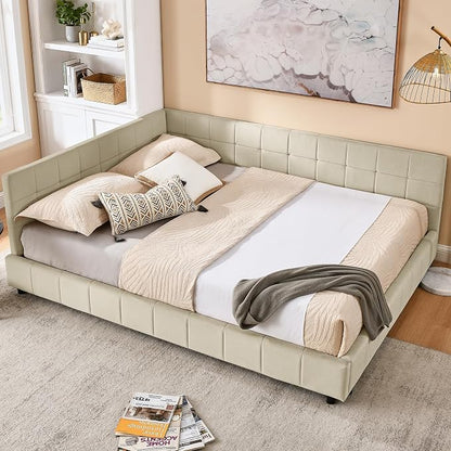 Bellemave Queen Size Corner Bed Frame with Comfortable Backrest and Armrests, Velvet Tufted Corner Bed Frame Queen Size, Upholstered Daybed for Bedroom, Living Room, Guest Room, Beige