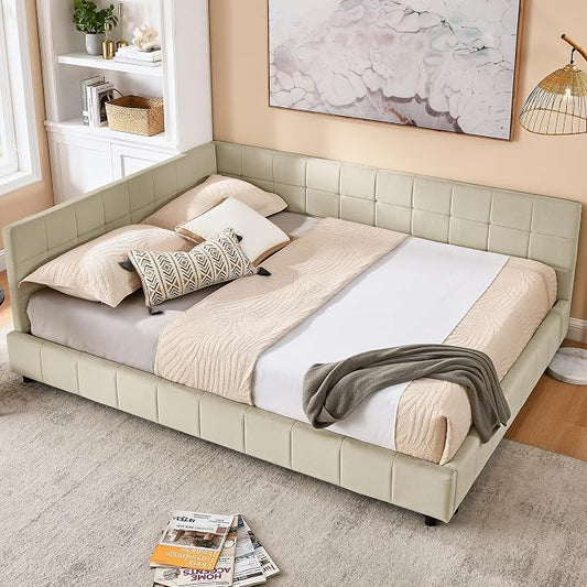Bellemave Queen Size Corner Bed Frame with Comfortable Backrest and Armrests, Velvet Tufted Corner Bed Frame Queen Size, Upholstered Daybed for Bedroom, Living Room, Guest Room, Beige