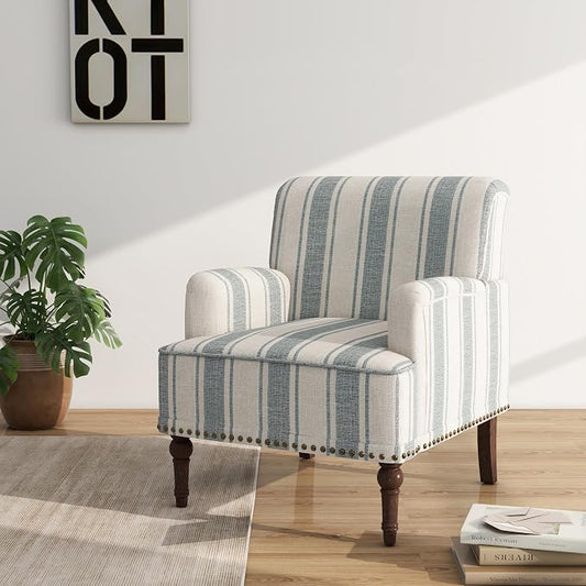 Accent Chair, Mid Century Modern Comfy Armchair for Living Room, Linen Fabric Single Sofa Lounge for Reading Bedroom Apartment Waiting Room with Wood Legs (Blue Stripe, Set of 1)