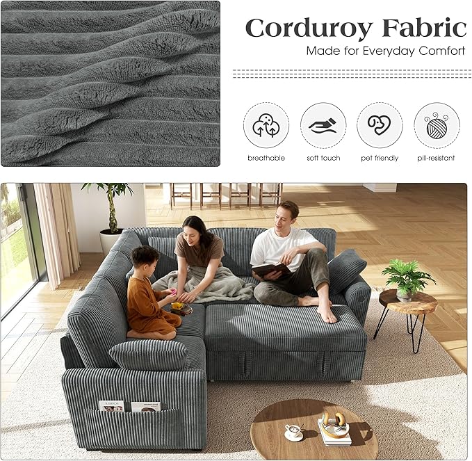 Ihanherry 83-inch 5-Seater Large Sectional Sofa Bed with Storage, Corduroy Reversible Modular Sleeper Sofa with USB Port & 4 Pillows, Convertible L-Shaped Couch for Living Room（Gray）