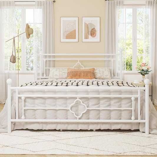Allewie King Size Metal Platform Bed Frame with Victorian Vintage Headboard and Footboard/Mattress Foundation/Under Bed Storage/No Box Spring Needed/Noise-Free/Easy Assembly, White