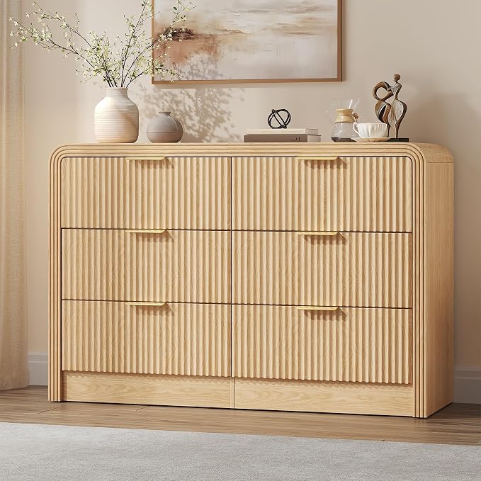 Decofy Fluted Drawers Dresser for Bedroom, Wood Dressers with Gold Handles, Modern Dressers with Wave Texture, Large Storage Chest of Drawers, Bedroom Dresser Organizer 47'' & 6 Drawers (Natural Oak)