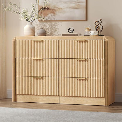 Decofy Fluted Drawers Dresser for Bedroom, Wood Dressers with Gold Handles, Modern Dressers with Wave Texture, Large Storage Chest of Drawers, Bedroom Dresser Organizer 47'' & 6 Drawers (Natural Oak)