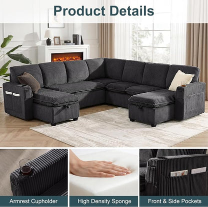 Oversized Sectional Sleeper Sofa with Pull Out Bed, Plush Corduroy 9 Seat Modular Sofa with Storage Chaise and Adjustable Backrest, Cloud Couches for Living Room, Apartment, Dark Grey