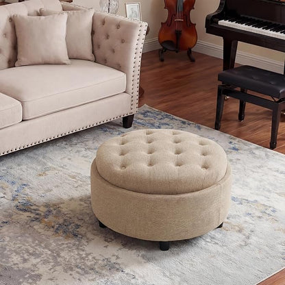 COLAMY Round Hidden Storage Ottoman with Reversible Tray Lid – Multi-Functional Footrest, Sturdy & Stylish Fabric Coffee Table for Living Room, Bedroom, or Entryway, Camel