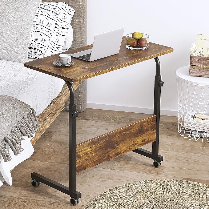 DlandHome Rolling Desk Adjustable Standing Desk, Mobile Side Table 31.4 Inches w/Wheels Adjustable C Table Movable Portable Laptop Computer Stand for Bed Sofa,Retro