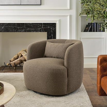 KINWELL 34" Wide Sherpa Swivel Barrel Chair, No Assembly Round Boucle Upholstered Accent Chair Armchair Single Sofa Chair with Toss Pillow for Living Room and Bedroom, Teddy Brown