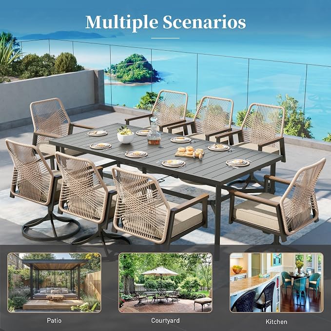 Patio Dining Set 5 Piece, 4 x Woven Rattan Swivel Chairs with Waterproof Cushion, 42” Metal Round Dining Table with Umbrella Hole, Outdoor Table and Chairs Set for Backyard Lawn and Deck, Beige