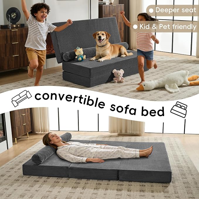 5-in-1 Convertible Sofa Bed, 60" Boneless Loveseat Couch Tri Folding Mattress with Removable L-Shaped Armrests, Corduroy Futon Couch Sleeper with Pull Out Bed for Living Room Bedroom Apartment, Grey