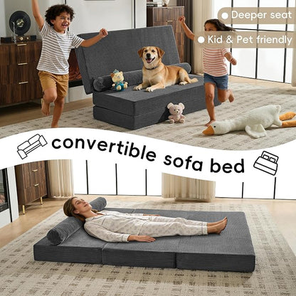 5-in-1 Convertible Sofa Bed, 60" Boneless Loveseat Couch Tri Folding Mattress with Removable L-Shaped Armrests, Corduroy Futon Couch Sleeper with Pull Out Bed for Living Room Bedroom Apartment, Grey