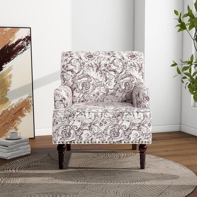 Accent Chair, Mid Century Modern Comfy Armchair for Living Room, Linen Fabric Single Sofa Lounge for Reading Bedroom Apartment Waiting Room with Wood Legs (Rococo Plum, Set of 1)