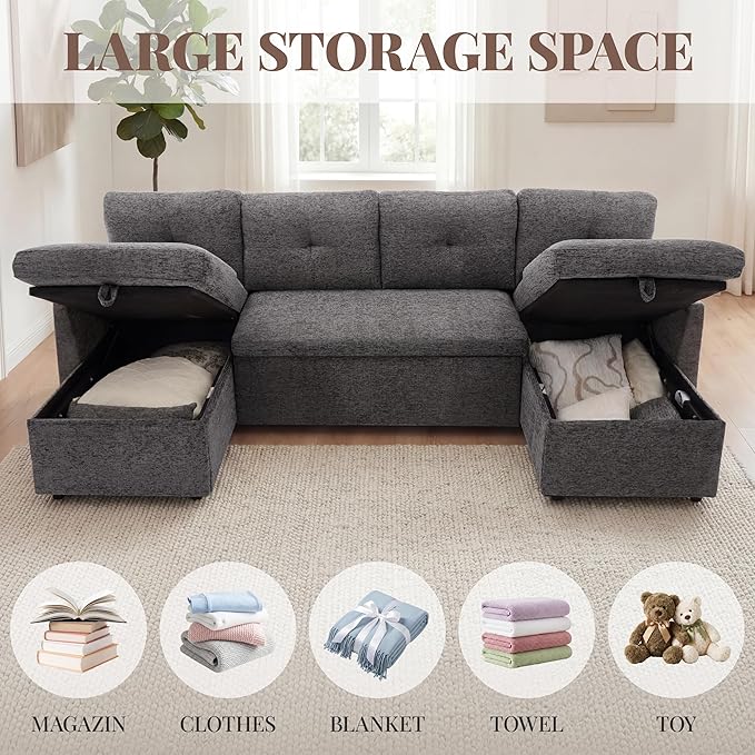 Huatean Home 100" Oversized Sleeper Sofa Couch, 2 in 1 Pullout Couch Bed with Side Pockets for Living Room, Sectional Sleeper Sofa Bed with Double Storage Chaise, Darkgrey