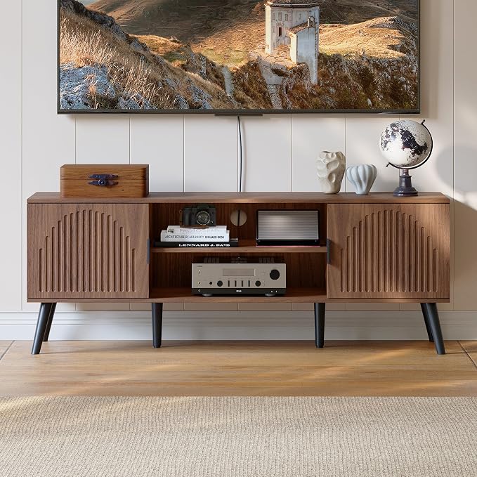 ChooChoo TV Stand for Living Room, Mid Century Modern TV Stand for 55/60 Inch TVs, Entertainment Center with Storage Cabinet and Open Shelves, TV Console Table Media Cabinet for Bedroom, Walnut